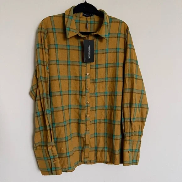 PrettyLittleThing Mustard Plaid Button Up Shirt One Size - Picture 5 of 9